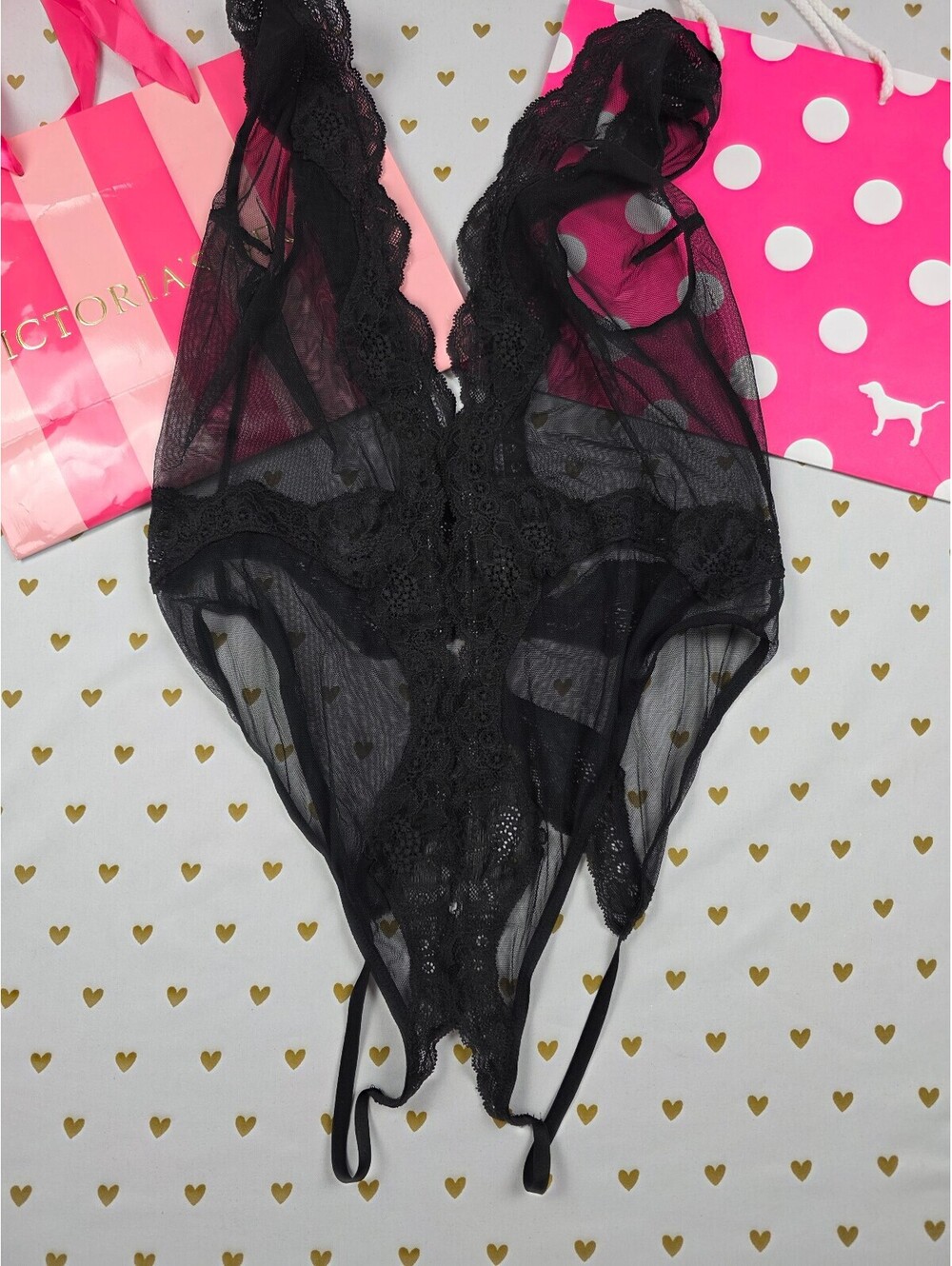 Victoria's Secret Black Lace Crotchless Teddy Bodysuit Garter Straps Lingerie